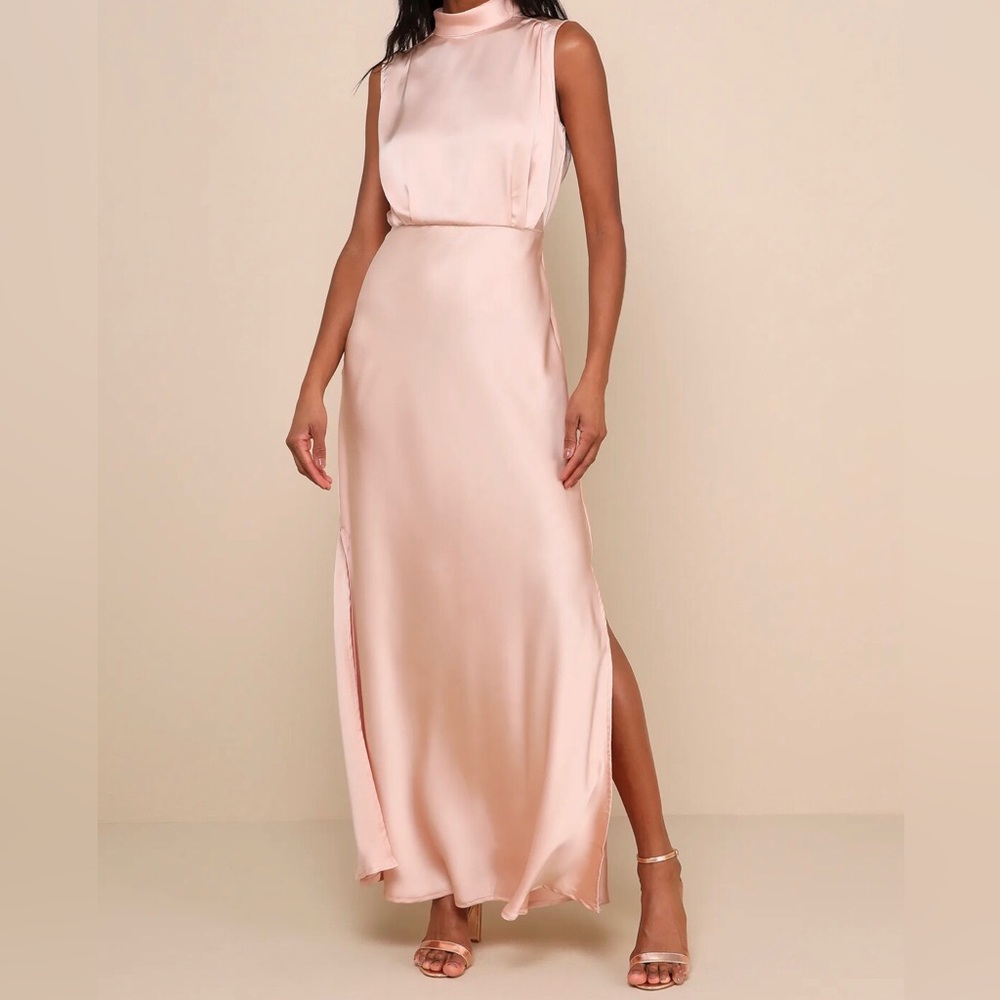 Lulus classic elegance blush satin sleeveless mock neck maxi dress
